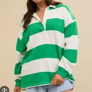 Aerie Green White Stripe Prep Rally Rugby Sweatshirt Oversized Size XS Women’s